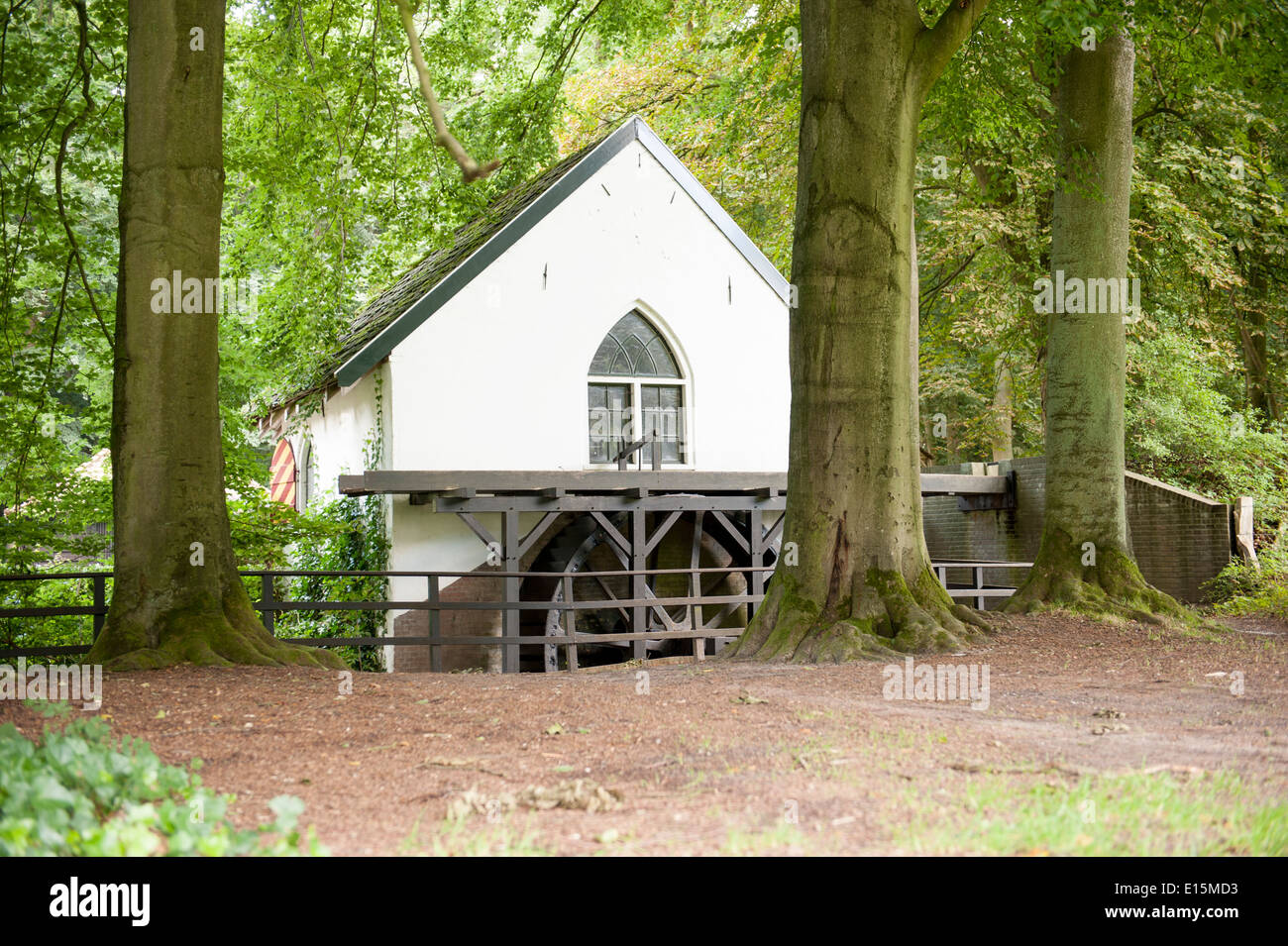 Traditionelle Wassermühle mit Schaufelrad in Waldlandschaft Stockfoto