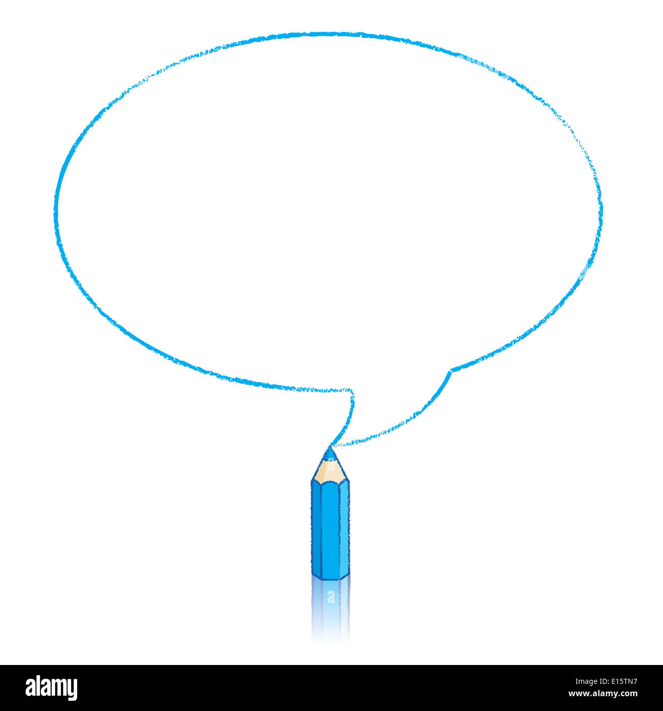 Blauen Stift mit Reflexion Zeichnung Oval Sprechblase auf weißem Hintergrund Stockfoto