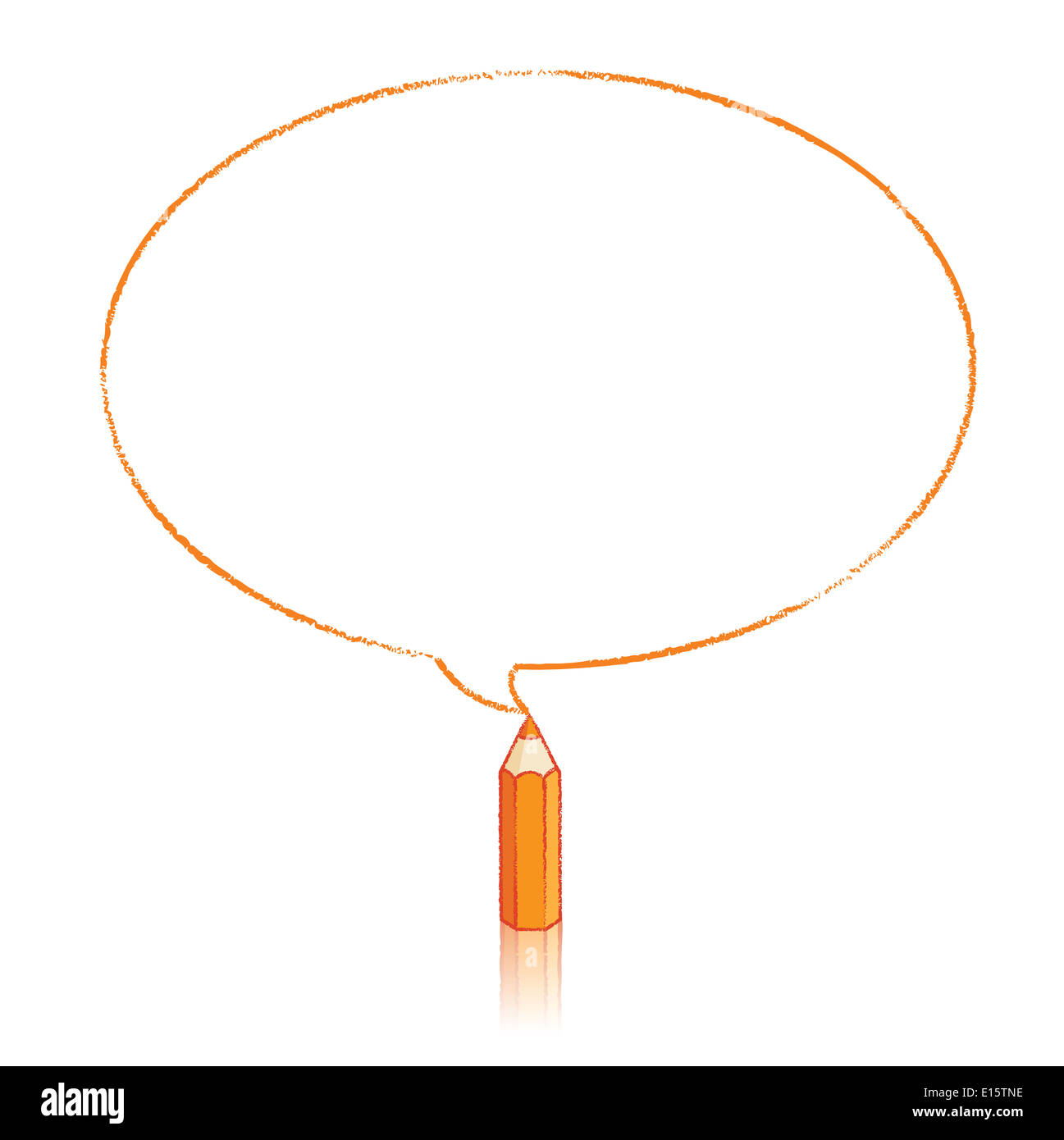 Orange Bleistift mit Reflexion Zeichnung Oval Sprechblase auf weißem Hintergrund Stockfoto