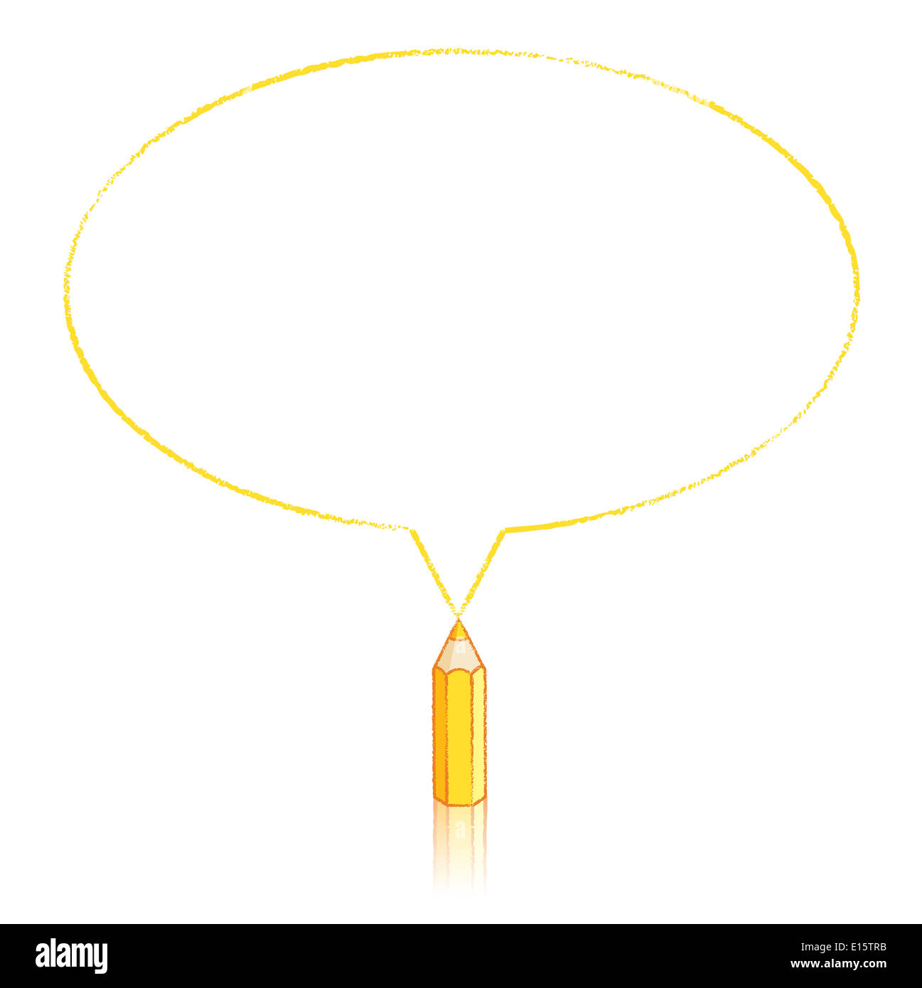 Gelbe Bleistift mit Reflexion Zeichnung Oval Sprechblase auf weißem Hintergrund Stockfoto