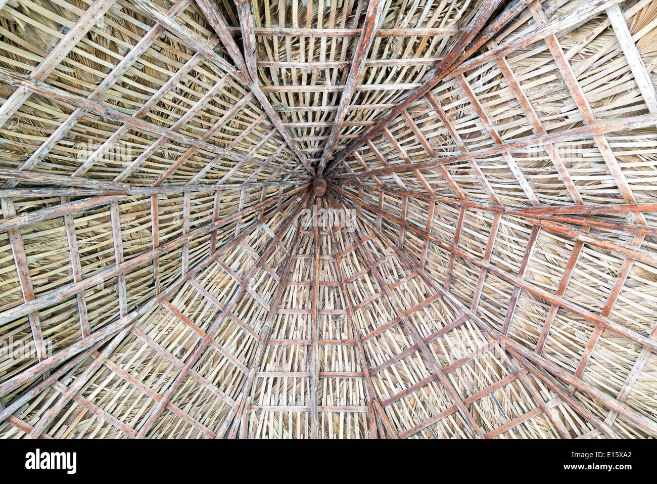 Blick auf einen tropischen strohgedeckte Hütte. Stockfoto