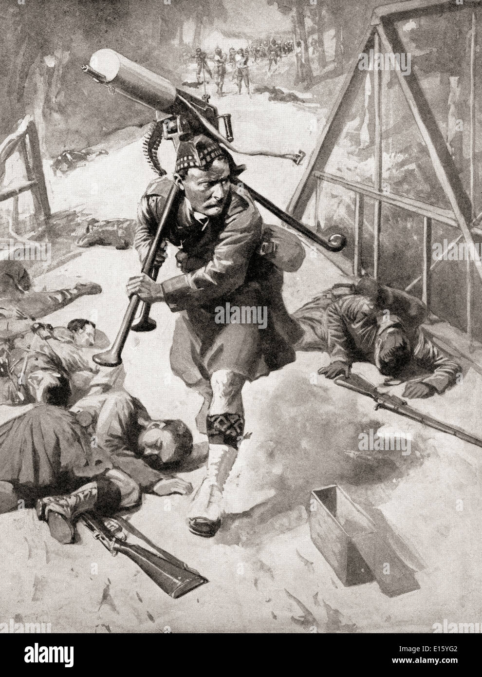 Ein tapferer Soldat aus dem Highlander-Regiment stiehlt einem Maxim-Maschinengewehr vor dem Feind Deutschland während des ersten Weltkriegs. Stockfoto