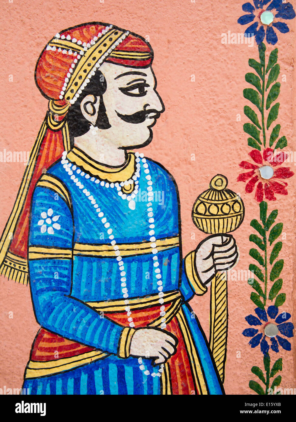 Indien, Rajasthan, Udaipur, traditionelle Wandmalerei der Rajput-Mann Stockfoto