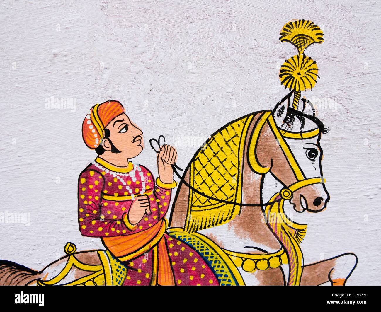 Indien, Rajasthan, Udaipur, traditionelle Wandmalerei der Rajput Mann auf Pferd Stockfoto