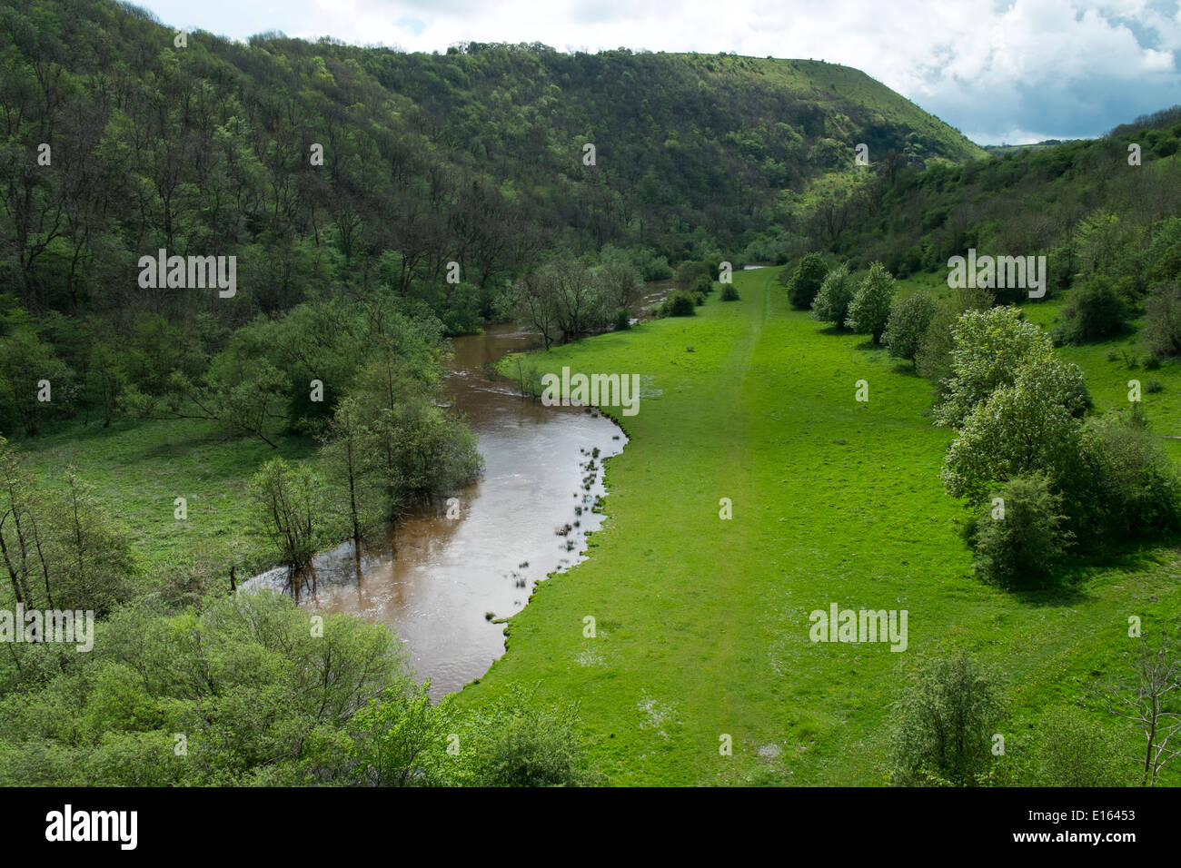 Blick auf den Fluss Wye im Monsal Tal, Mai, Peak District National Park, Derbyshire, England. Stockfoto