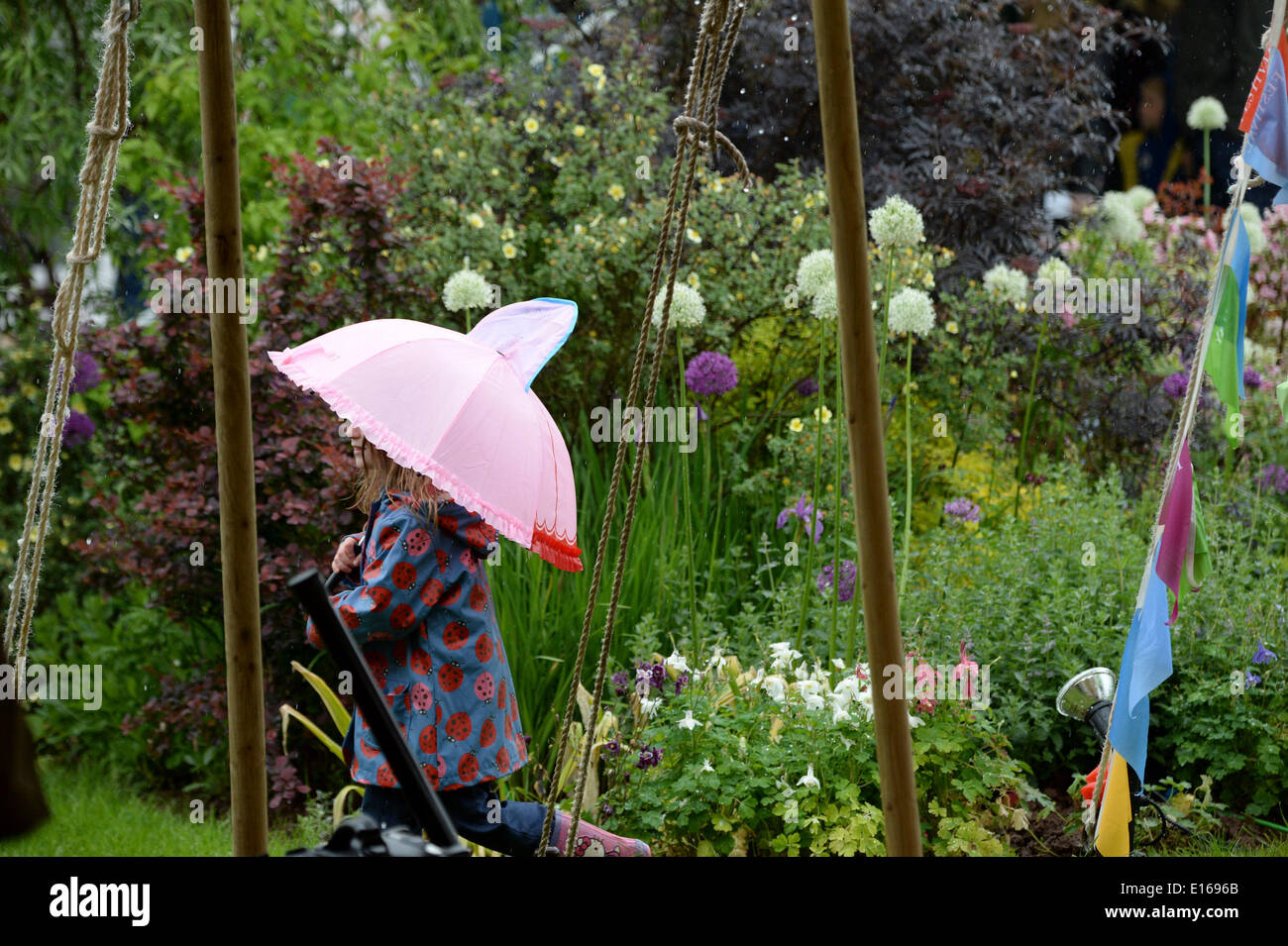 Hay on Wye, Wales UK, Samstag, 24. Mai 2014 Menschen gehen unter hellen Sonnenschirme im sintflutartigen Regen am dritten Tag des Daily Telegraph Heu Literaturfestival 2014, Wales UK Foto © Keith Morris Stockfoto