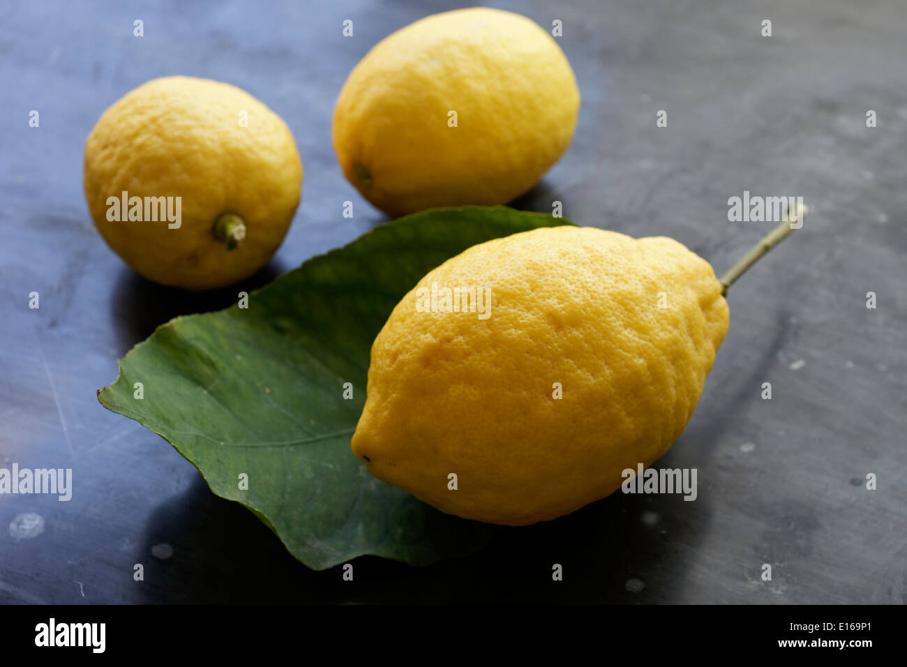 Zitrone Obst citrus gelb Bio Blatt Essen Saft drei sauren Zitronen Stockfoto