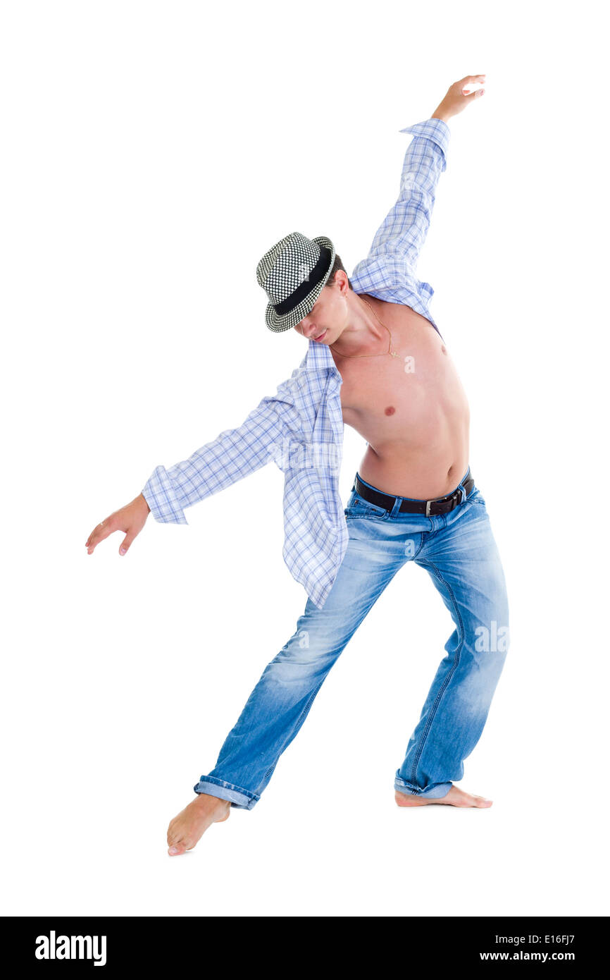 Hip Hop Tänzer springen auf weißem Hintergrund Stockfoto