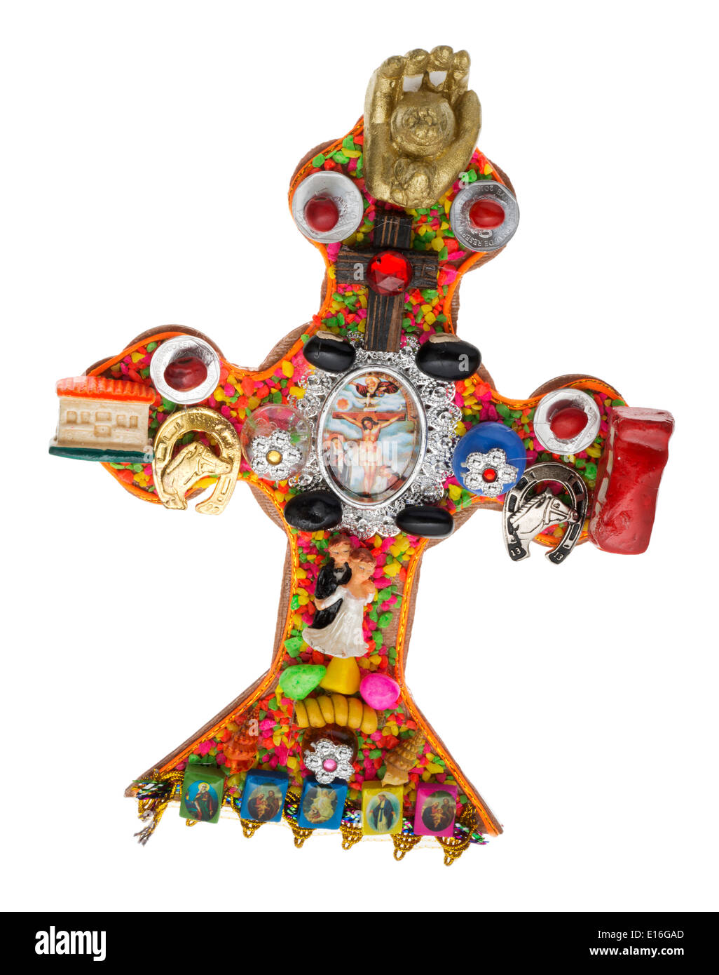 Bolivianische christlichen Kreuz, wobei heidnische Symbole und Symbole hinzugefügt. Stockfoto