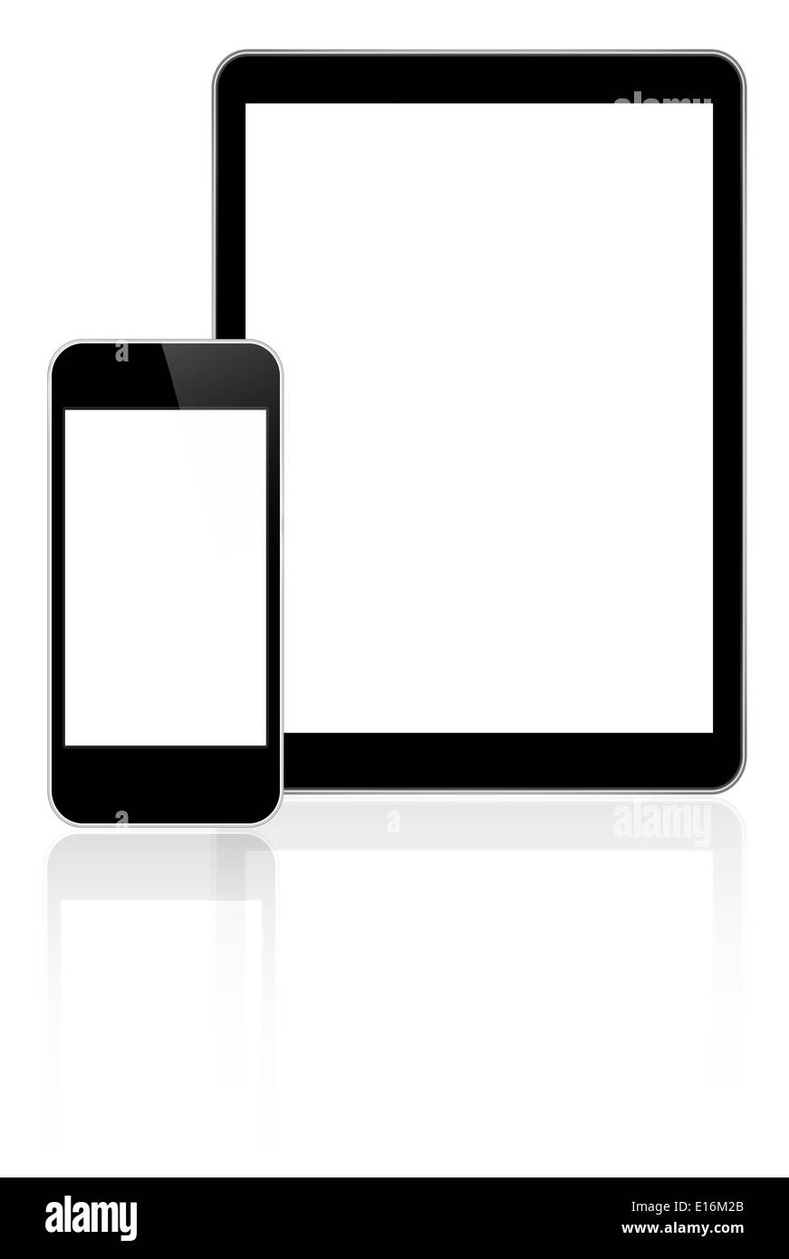 Black Business Tablet und Smart Phone Similar To iPhone und iPad mit Reflection On White Stockfoto