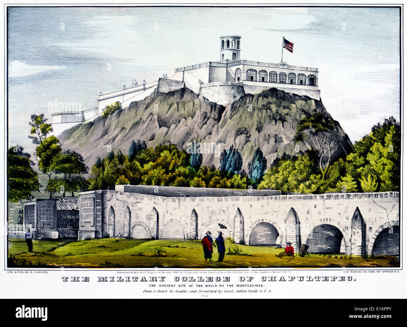 Military College bei Chapultepec, Hand-getönte Lithographie von Nathaniel Currier, 1847 Stockfoto