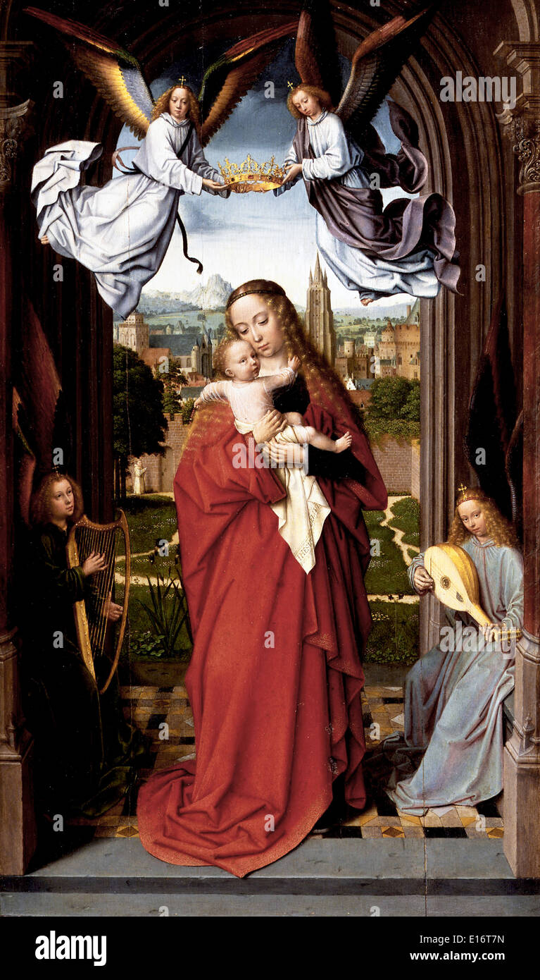 Jungfrau und Kind mit vier Engeln von Gerard David, 1515 Stockfoto