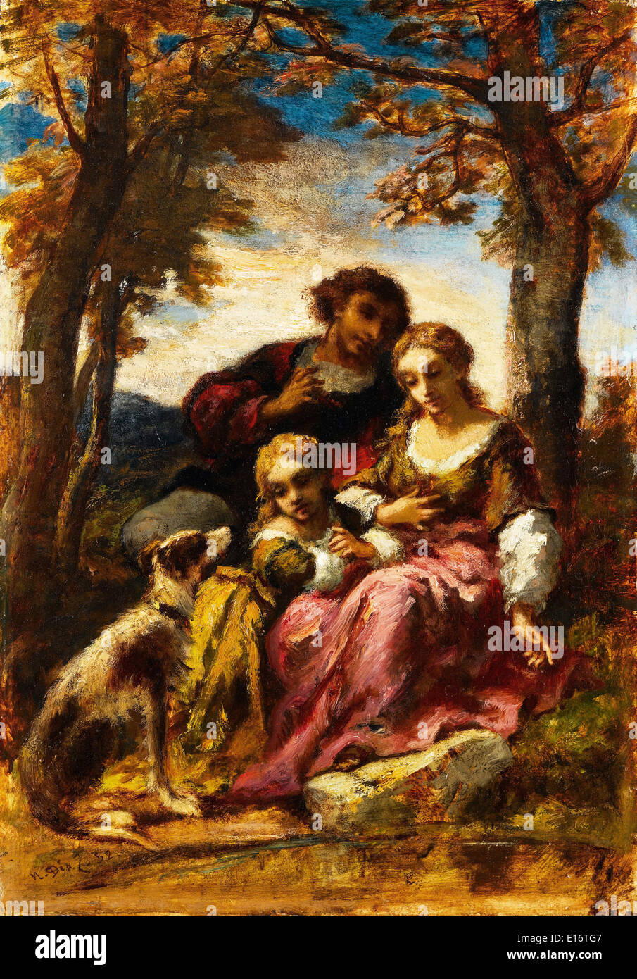 Figuren und ein Hund in einer Landschaft ByNarcisse-Virgile Diaz De La Peña, 1852 Stockfoto