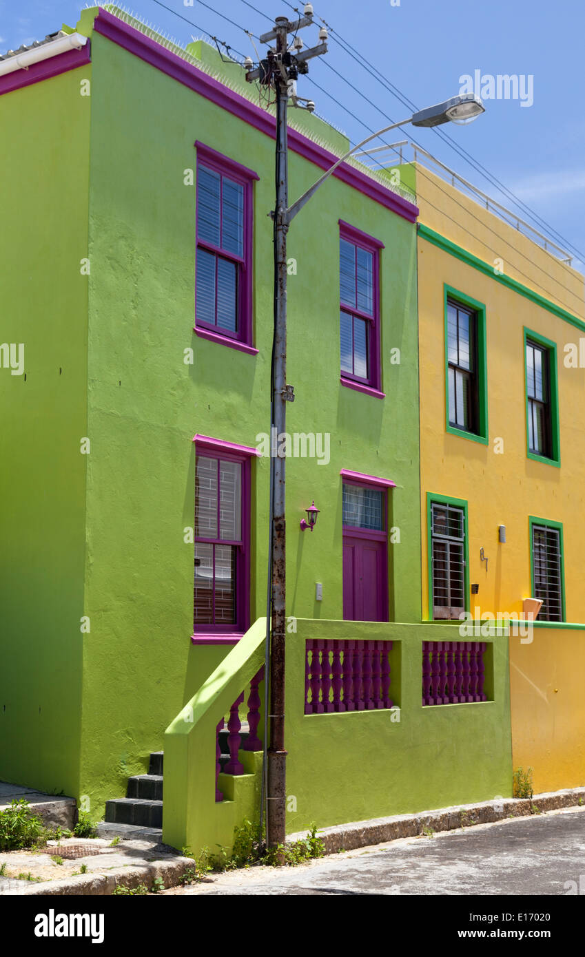 Bunte Häuser in der Chiappini Straße im Bo Kaap Viertel, Cape Malay Viertel, Kapstadt, Südafrika Stockfoto