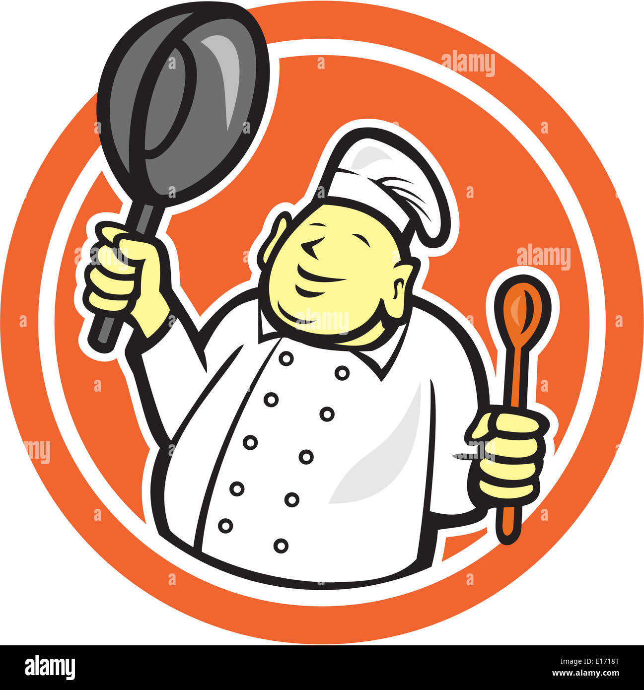 Beispiel für eine glücklich fat Buddha Chef-Koch holding Pfanne und Spachtel auf isolierte Hintergrund getan im Cartoon-Stil Stockfoto
