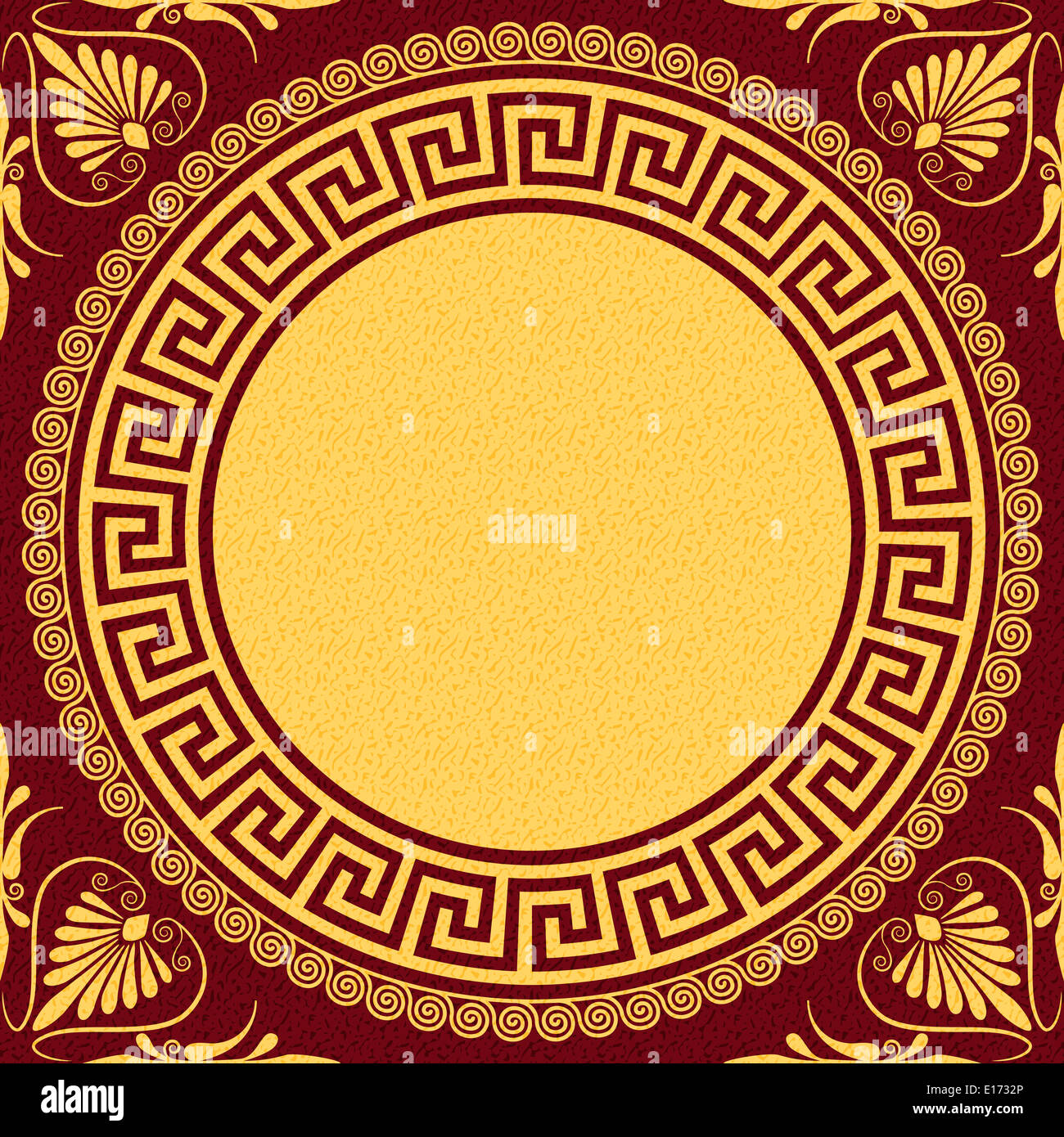 Stellen Sie traditionelle Vintage goldene Runde griechischen Ornament (Mäander) und Blumenmuster auf rotem Grund Stockfoto