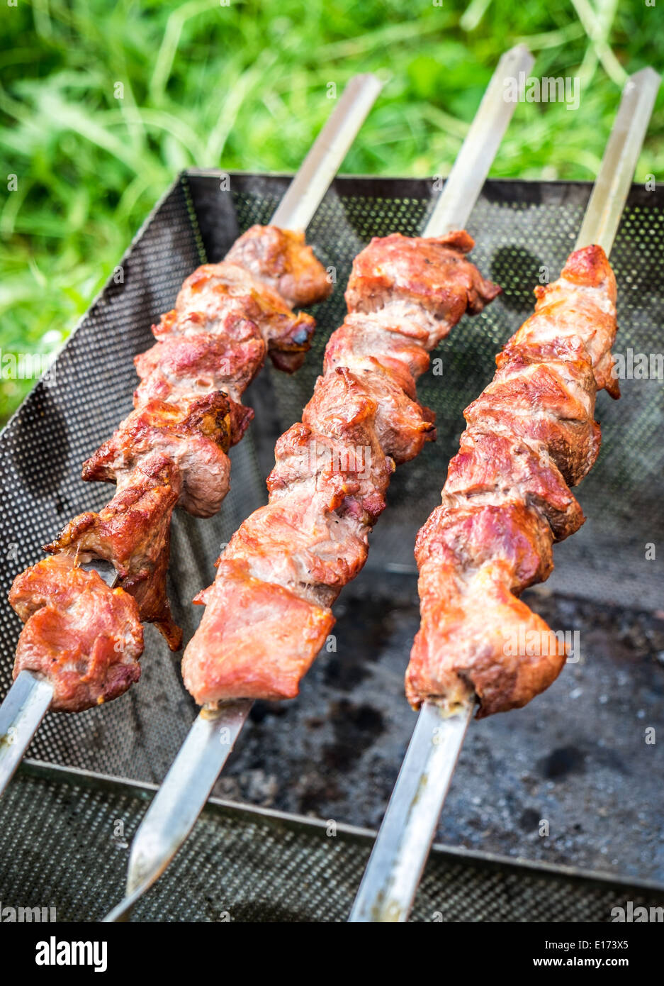 Schaschlik auf Metall Spieße mit Picknick im freien Stockfoto