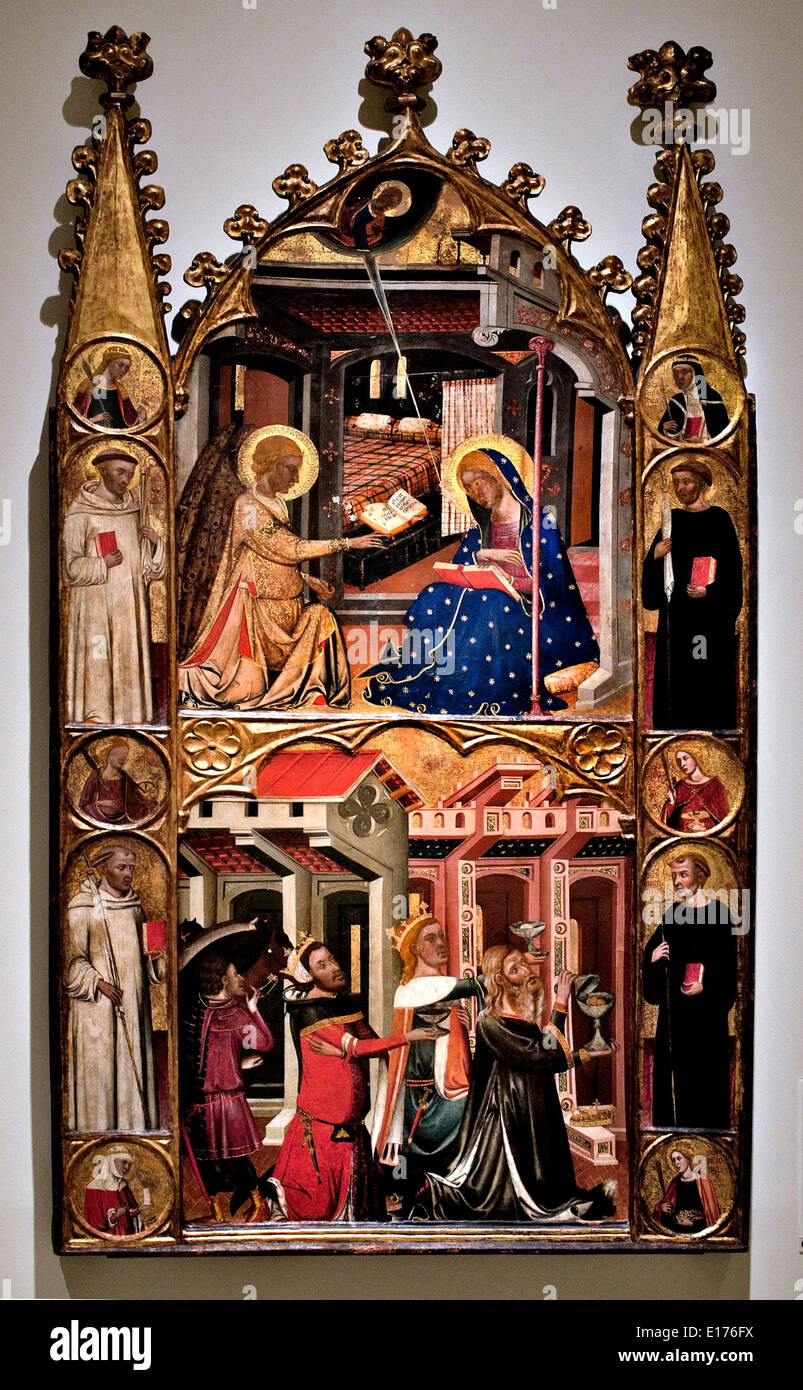 Anbetung der Könige Gotische bemalte Tafel Altarbild Verkündigung - drei Könige der Dreikönigin (der Kreis von Ferrer und Arnau Bassa) Spanien Spanisch Stockfoto