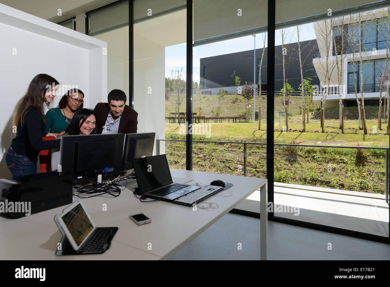 Büroangestellte, die Diskussion über ein Projekt auf einem Computer-Bildschirm Stockfoto