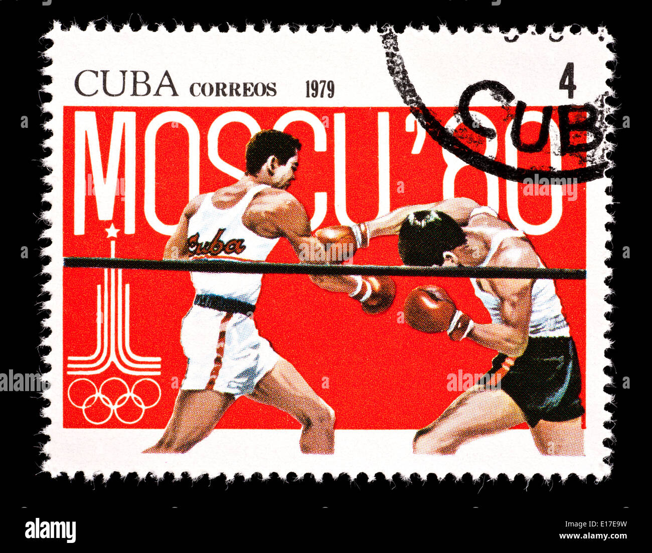 Briefmarke aus Kuba Darstellung Boxer, ausgestellt für die Olympischen Sommerspiele 1980 in Moskau, 1980. Stockfoto