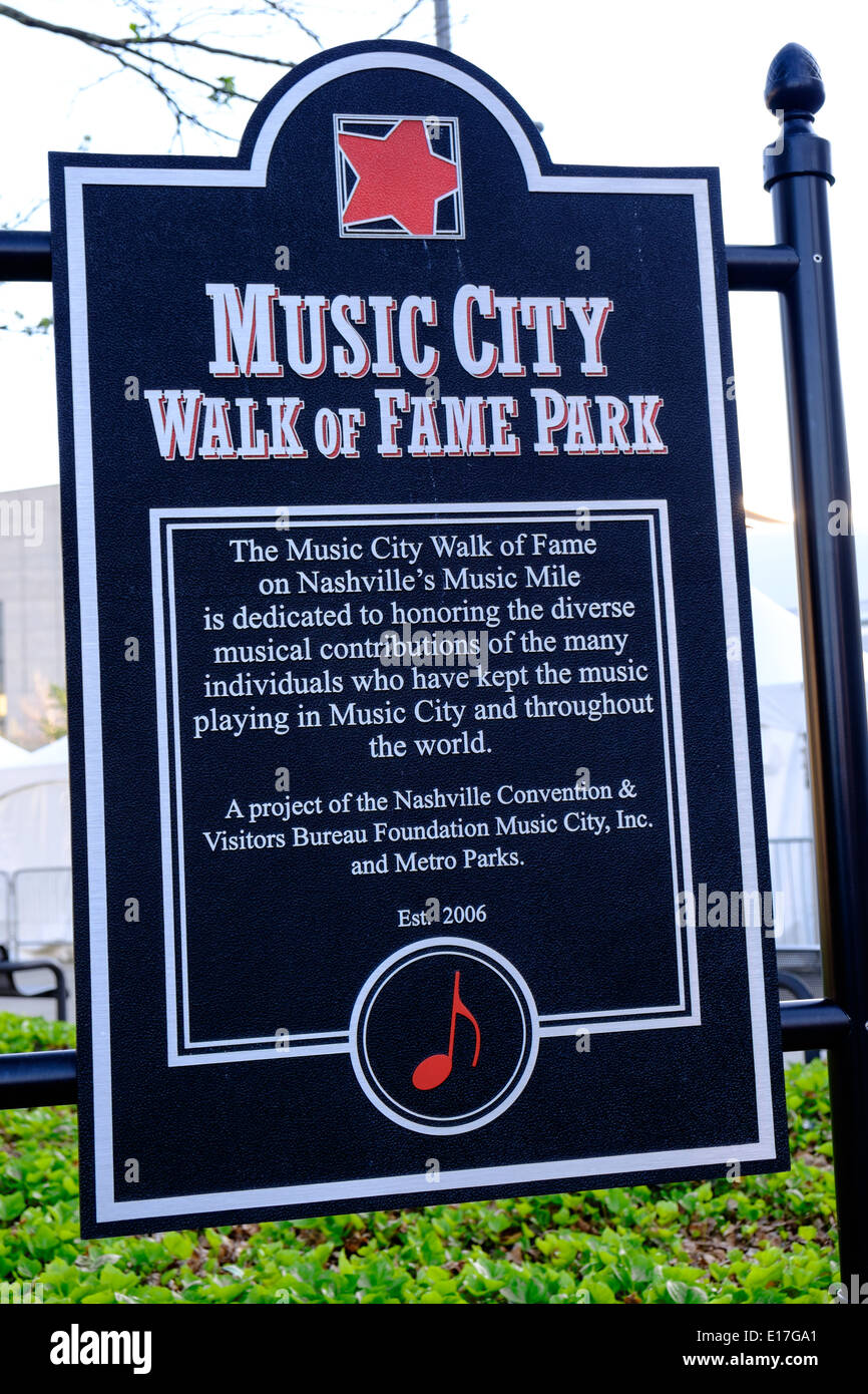 Ein Schild am Musik Walk of Fame Stadtpark beschreibt den Veranstaltungsort in Nashville, Tennessee Stockfoto