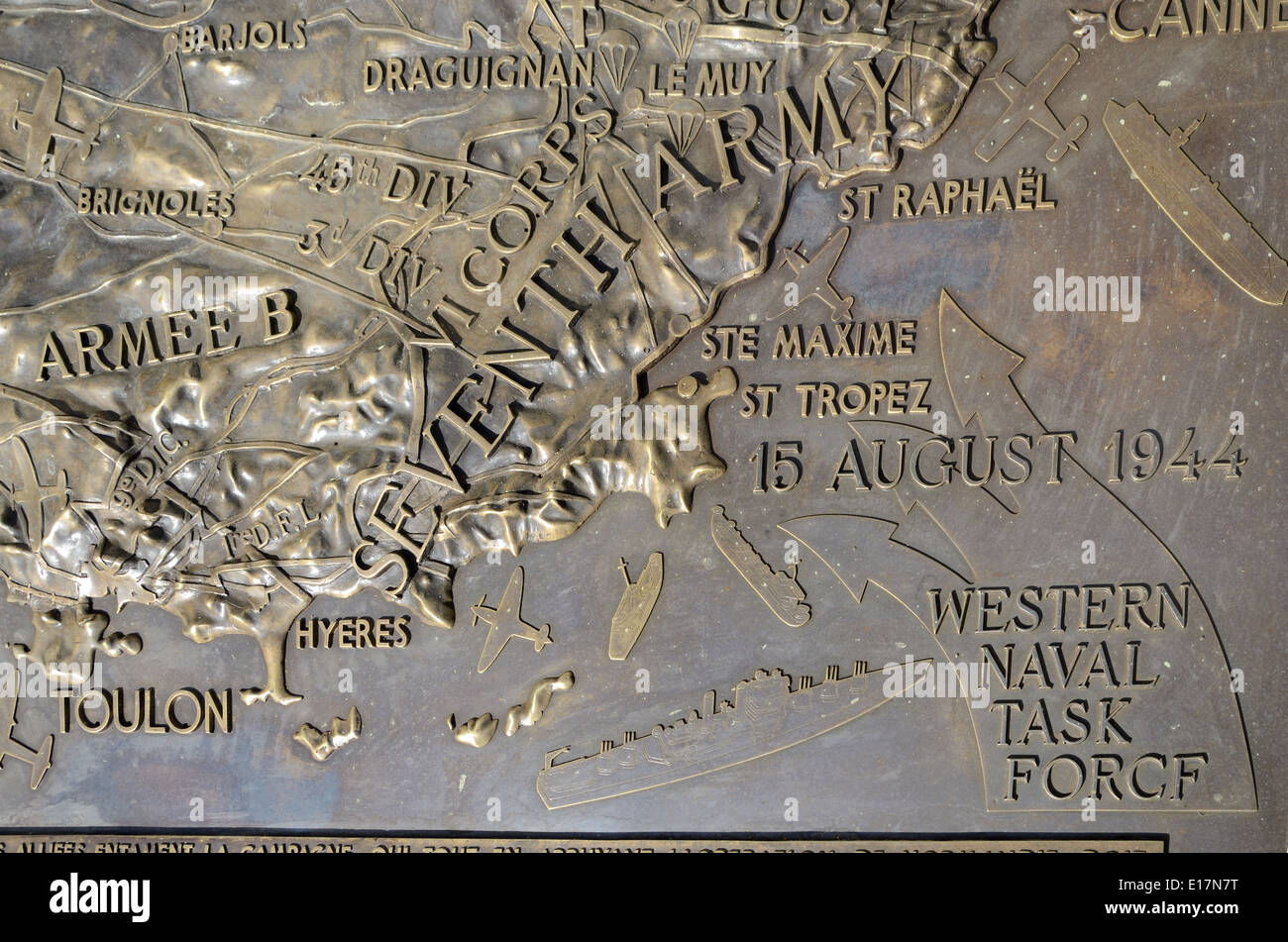 Karte der Provence Landungen während Zweiter Weltkrieg oder Zweiter Weltkrieg 15. August 1944; Memorial Plaque Draguignan American Cemetery Stockfoto