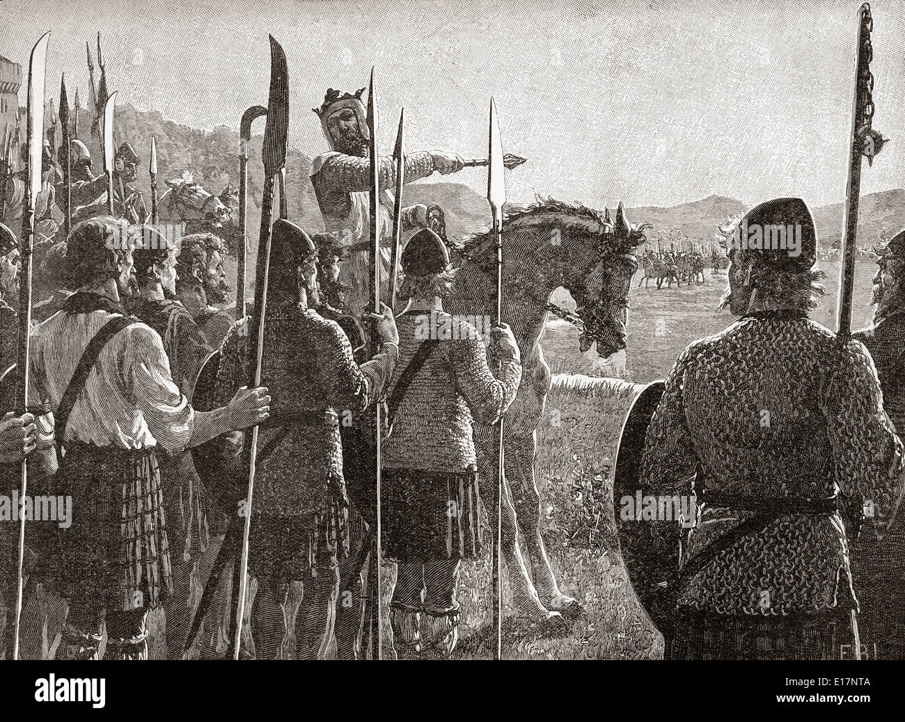 Robert the Bruce seine Truppen vor der Schlacht von Bannockburn, 24 Juni 1314 zu überprüfen. Stockfoto