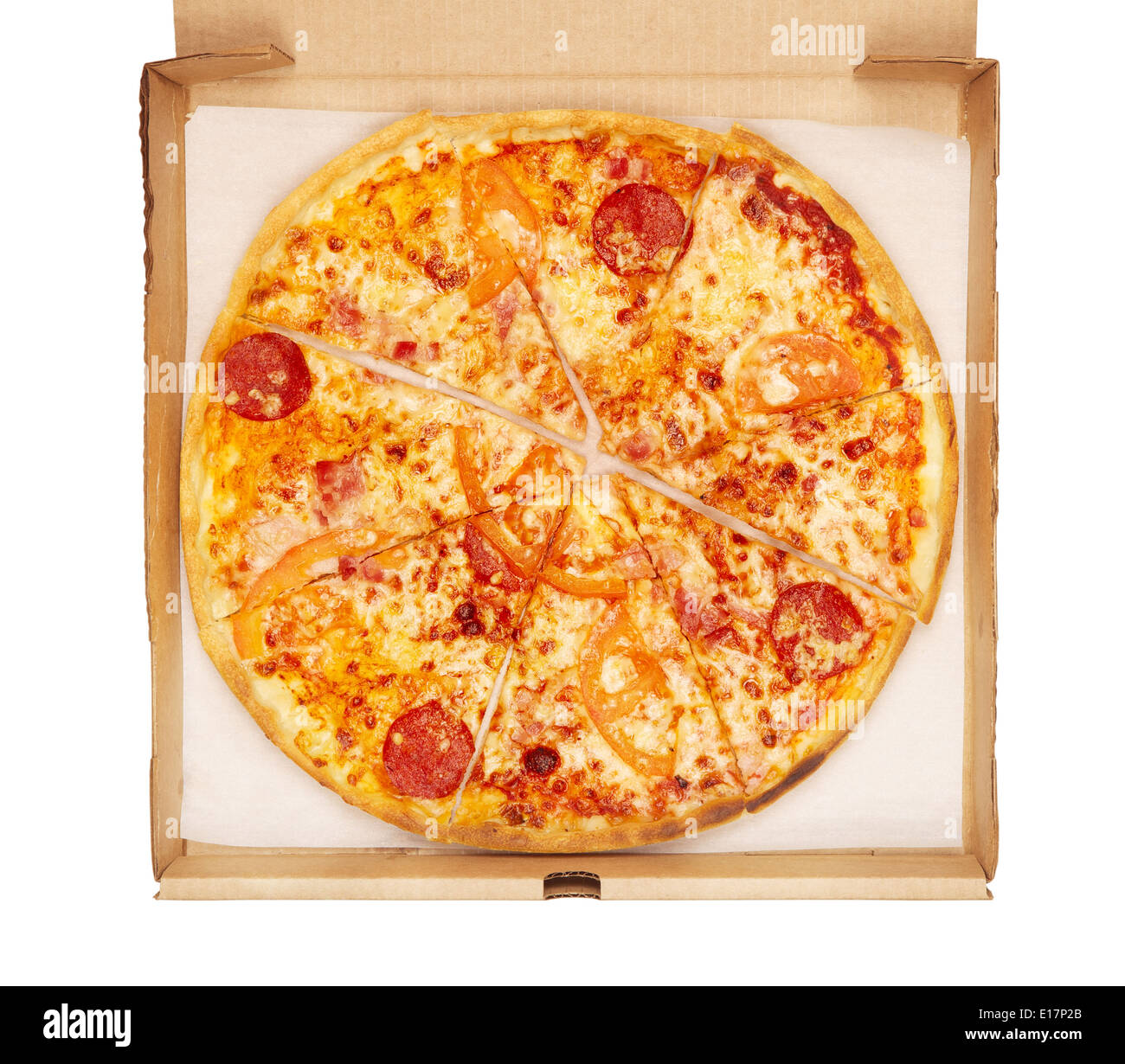 frische Pizza in Box, isoliert auf weiss Stockfoto