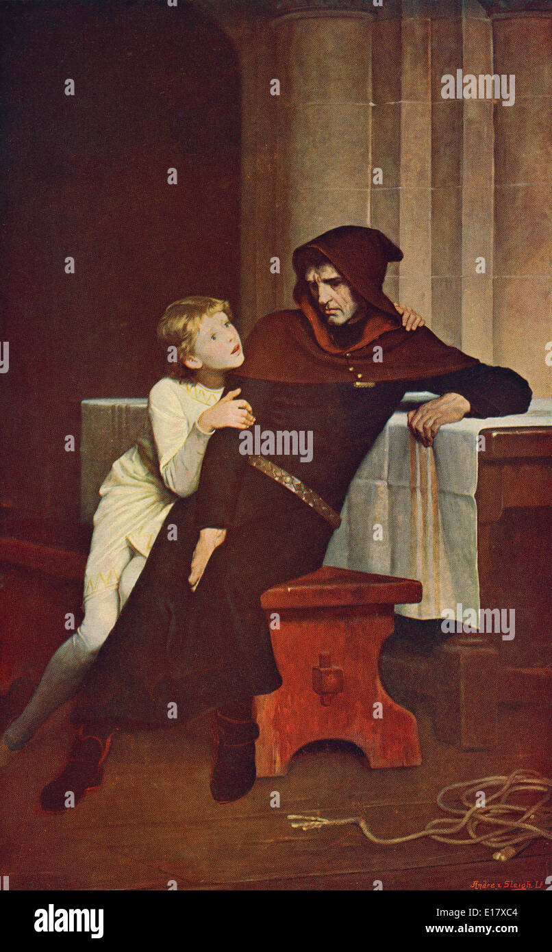 Prinz Arthur und Hubert de Burgh, seine Wache, während im Chateau de Falaise von König John von England gefangen gehalten. Stockfoto