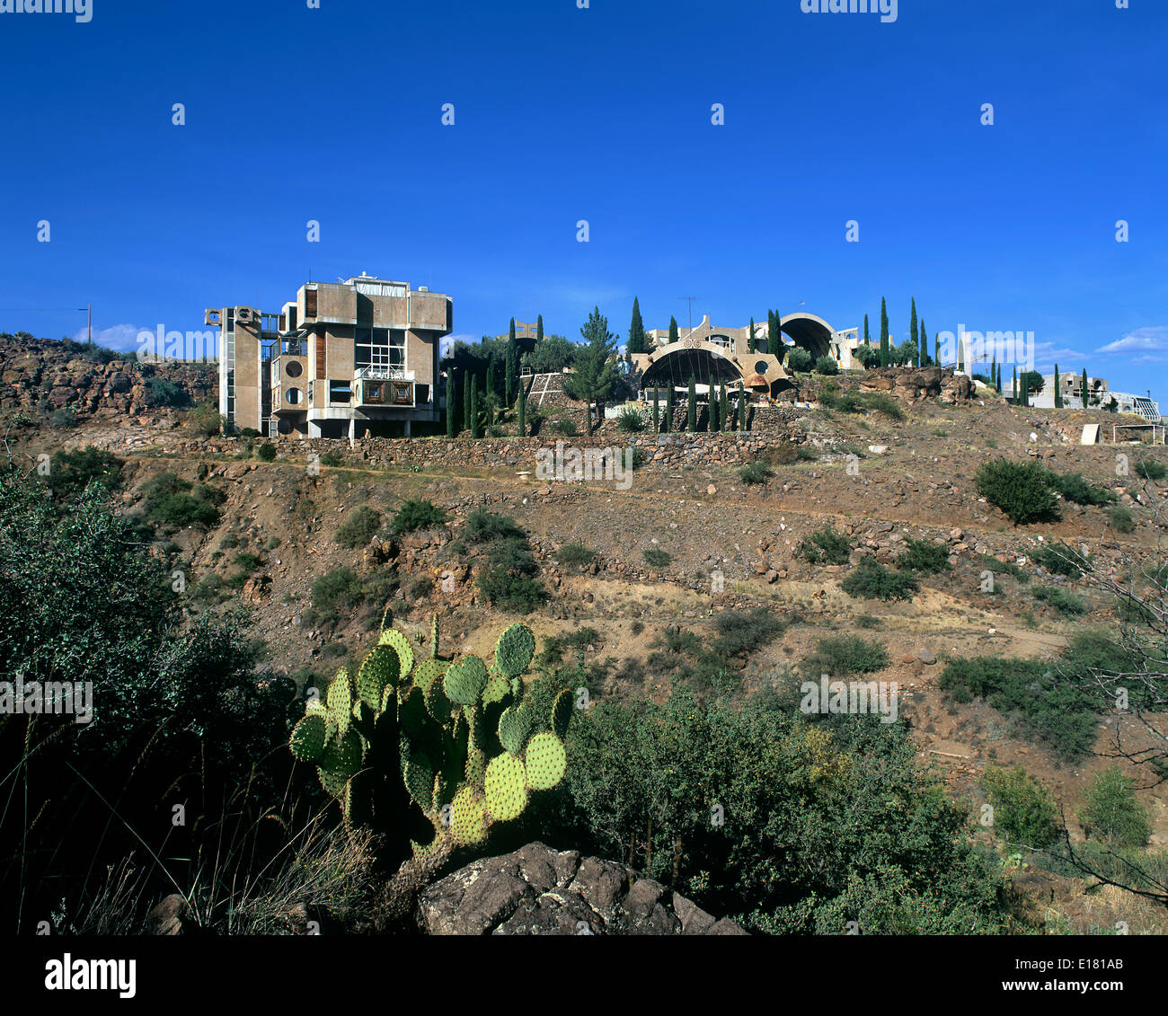 Blick auf Arcosanti, Paolo Soleris utopischen Gemeinschaft, 70 Meilen ausserhalb von Phoenix, Arizona. Stockfoto