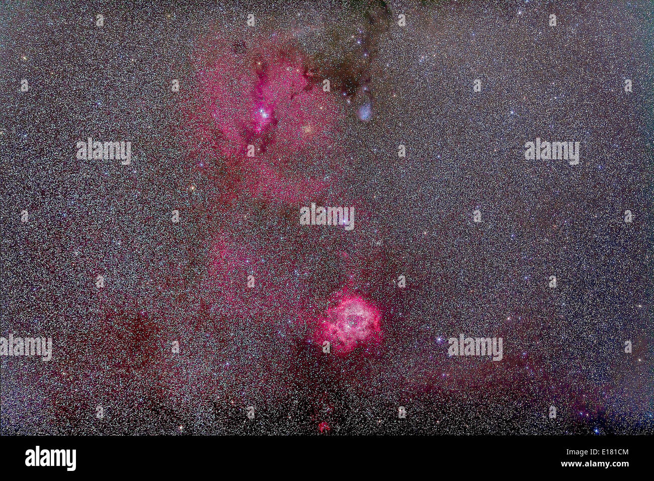 Rosette und Konus Nebel Bereich der Monoceros mit 135mm Tele, ein binokulares Gesichtsfeld zu simulieren. Stockfoto