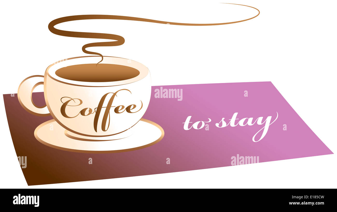 Kaffee Tasse auf einer lila Matte, mit der Aufschrift "Kaffee zu bleiben" statt "Coffee to go". Stockfoto