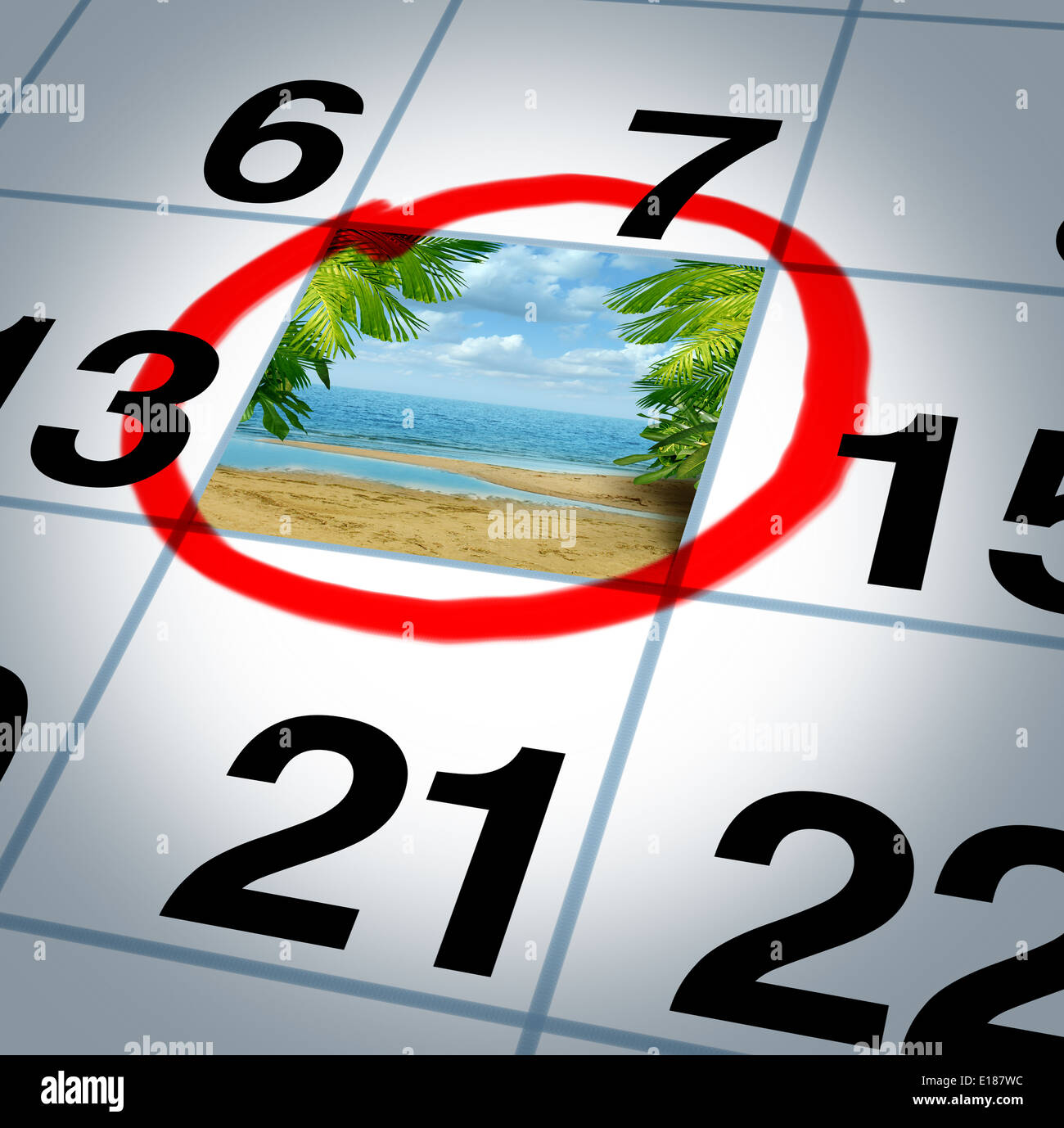 Urlaubsplan Reisen Konzept und Planung Ihrer Reise als eine Kalendererinnerung Datum mit einem sonnigen Strand und Palmen markiert mit einem roten Marker als Symbol für einen unterhaltsamen, entspannenden Urlaub Veranstaltung planen. Stockfoto