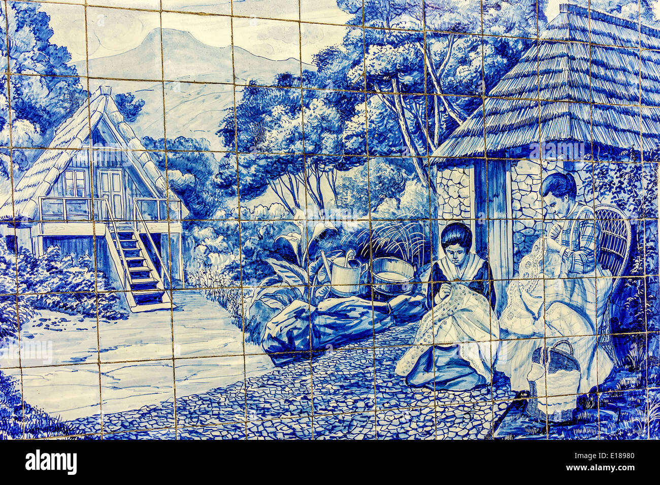 Damen Nähen Mosaik Bild Madeira Portugal Stockfoto