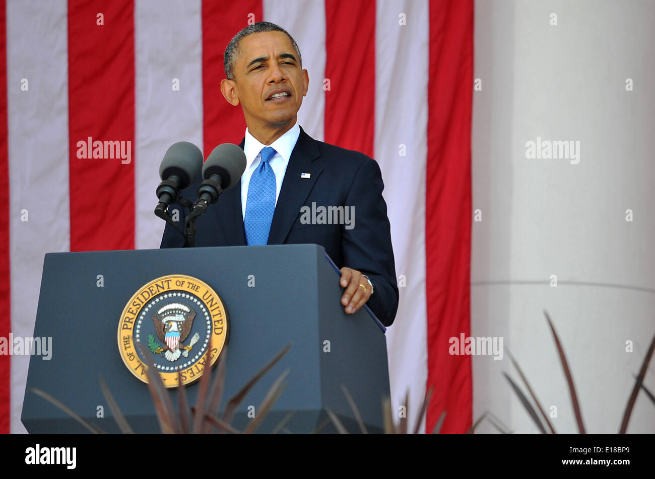 UNS spricht Präsident Barack Obama während der jährlichen Gedenktag Adresse auf dem Arlington National Cemetery 26. Mai 2014 in Arlington, VA. Stockfoto