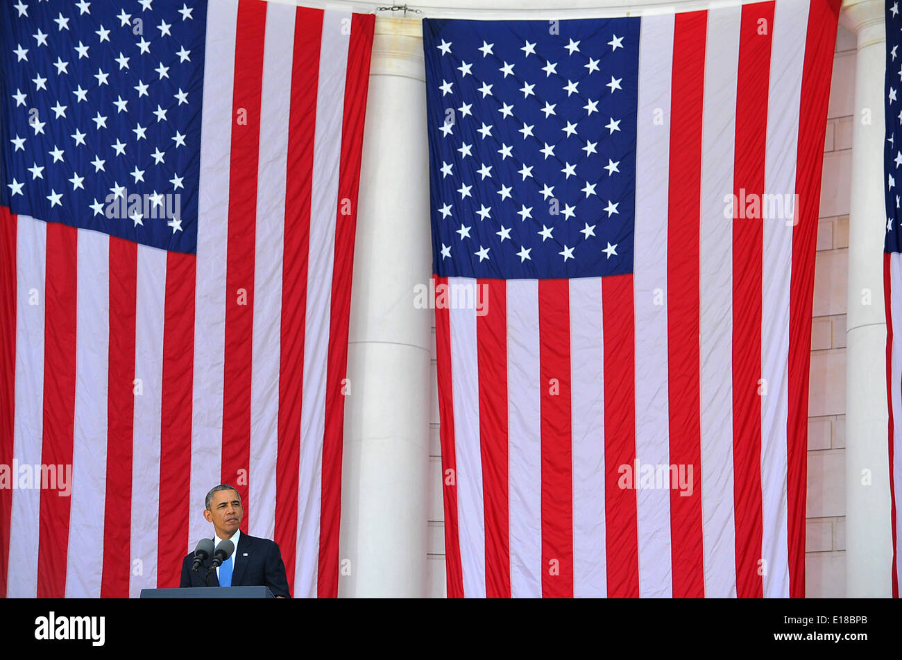 UNS spricht Präsident Barack Obama während der jährlichen Gedenktag Adresse auf dem Arlington National Cemetery 26. Mai 2014 in Arlington, VA. Stockfoto