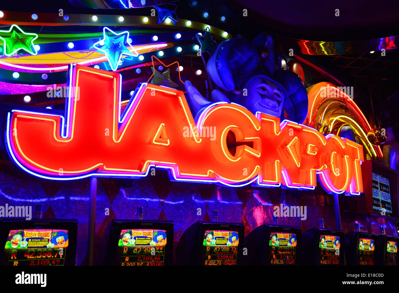 Jackpot-Schild am Karneval-Stadt-Casino & Entertainment-Welt, Brakpan, East Rand, Johannesberg, Provinz Gauteng, Südafrika Stockfoto