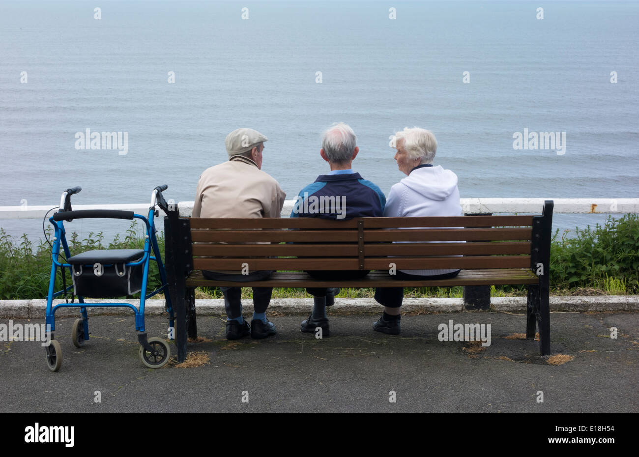 Zwei ältere Männer und eine ältere Frau sitzt auf der Bank Overloking Meer. Saltburn von Meer, North Yorkshire, England, UK Stockfoto