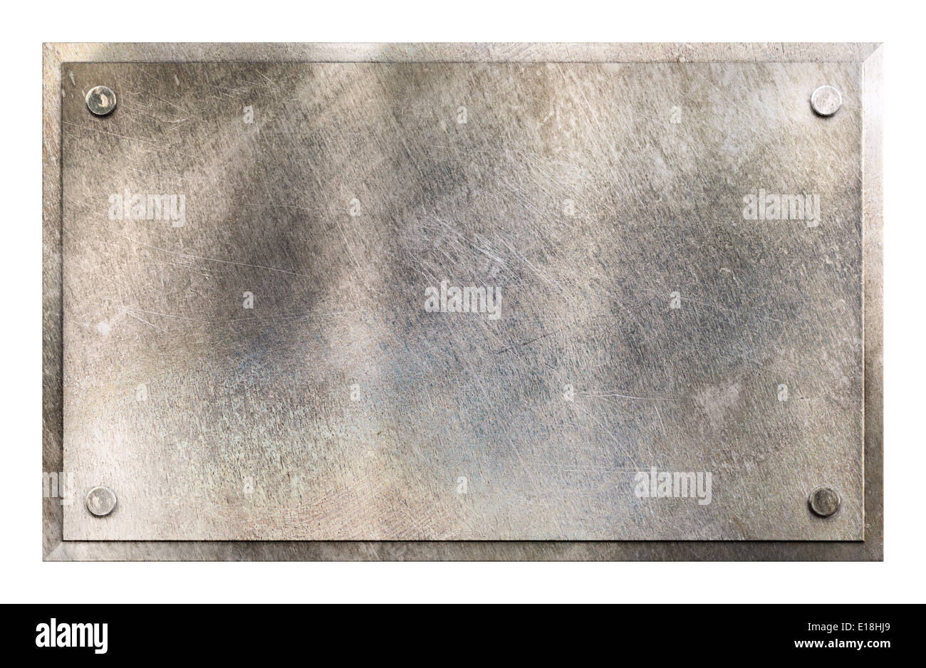 Rustikale glänzende graue Blechschild Teller mit Nieten Textur Hintergrund isoliert auf weiss Stockfoto