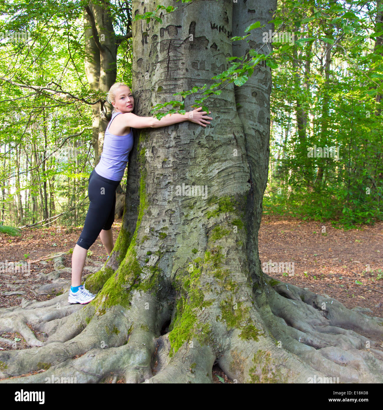 Junge Frau umarmt einen Baum. Stockfoto