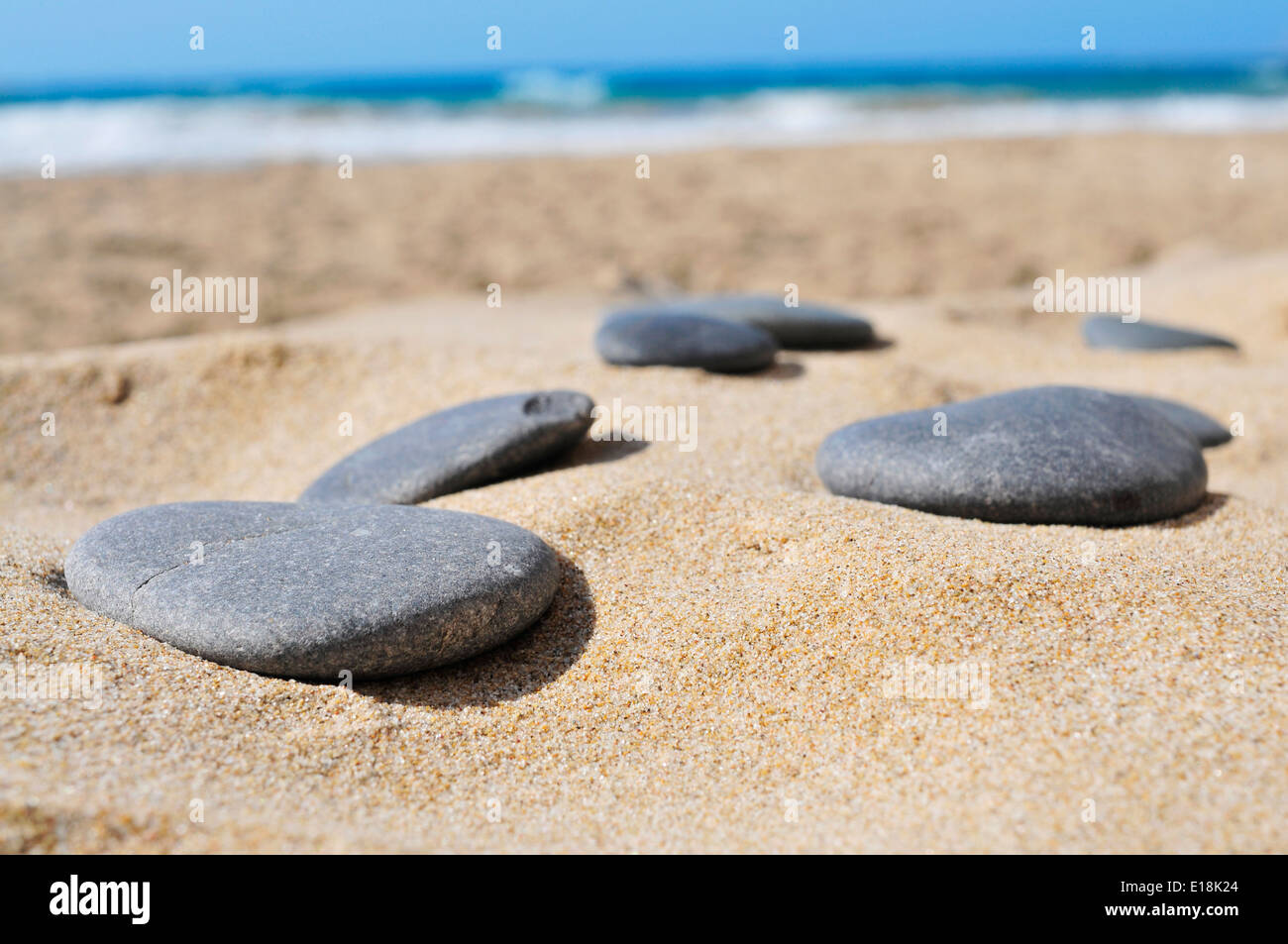 Nahaufnahme von einigen grauen flachen Steinen auf dem Sand des Strandes Stockfoto