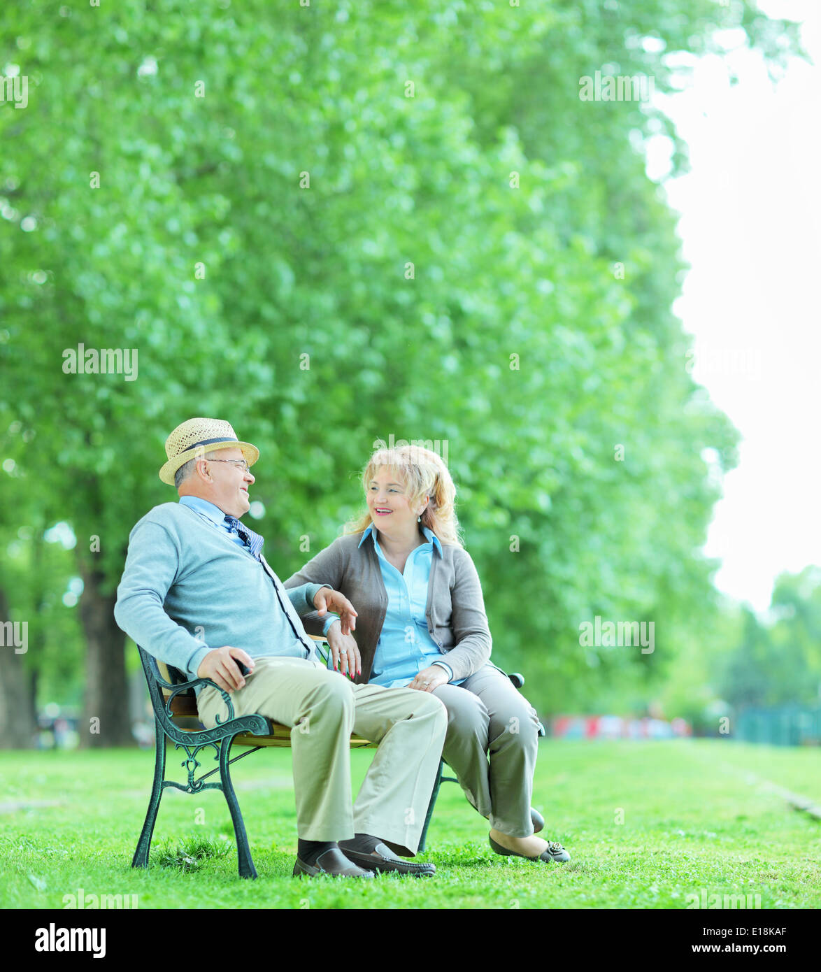 Älteres Paar auf Bank im Park sitzen im Gespräch Stockfoto