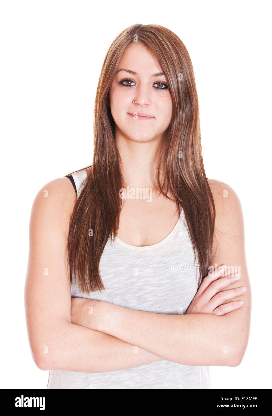 Porträt von einer attraktiven jungen Frau. Alle auf weißem Hintergrund. Stockfoto