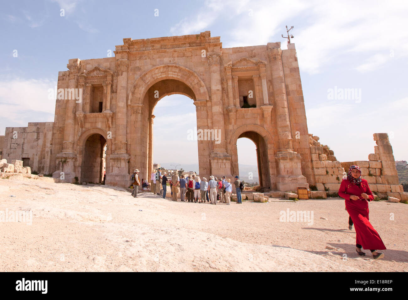 Hadrians Bogen Ruinen der römischen Stadt Gerasa in der Nähe von Jerash, Jordanien Stockfoto