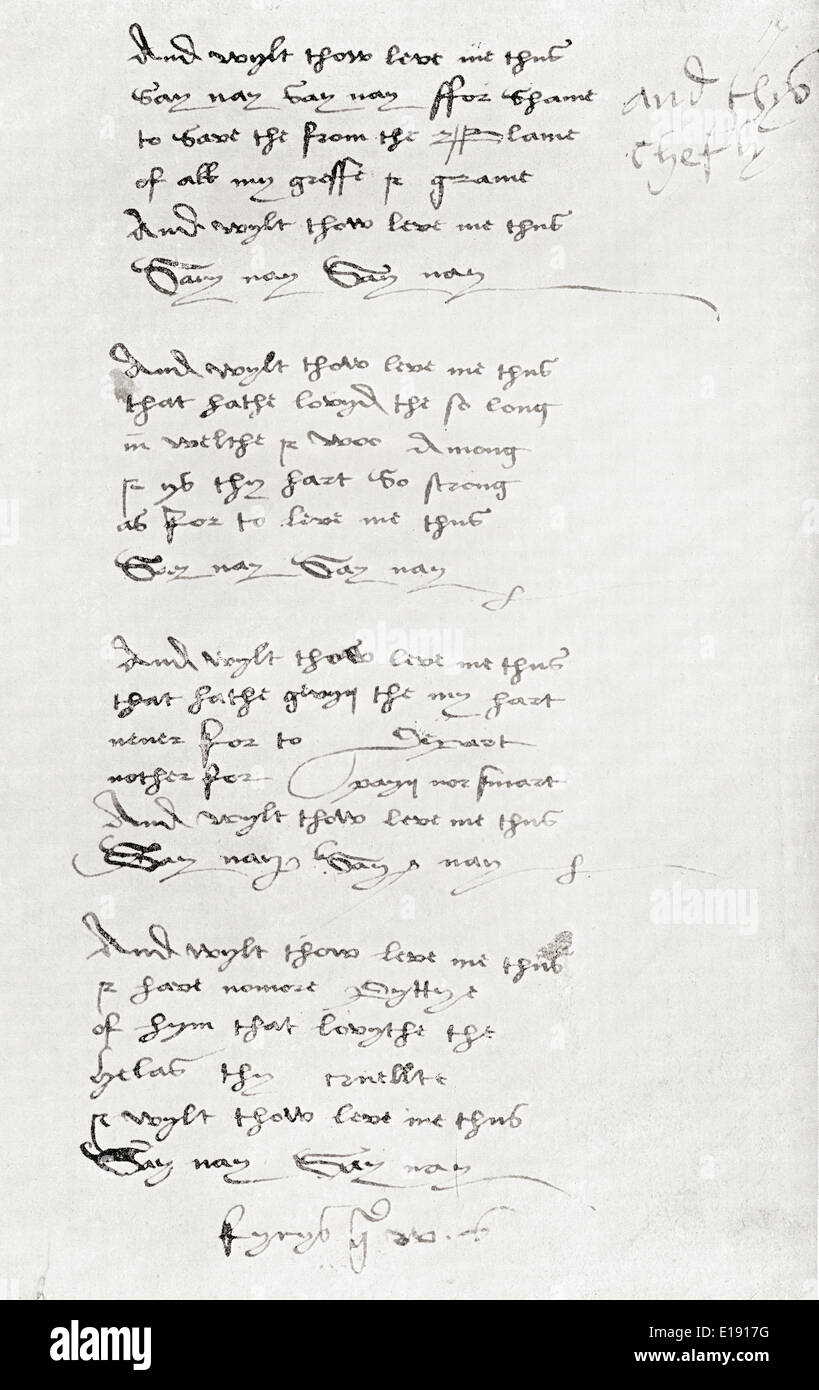 Gedicht aus dem Devonshire Manuskript von Sir Thomas Wyatt, auch buchstabiert Wiat. Nach dem Original im britischen Museum. Stockfoto