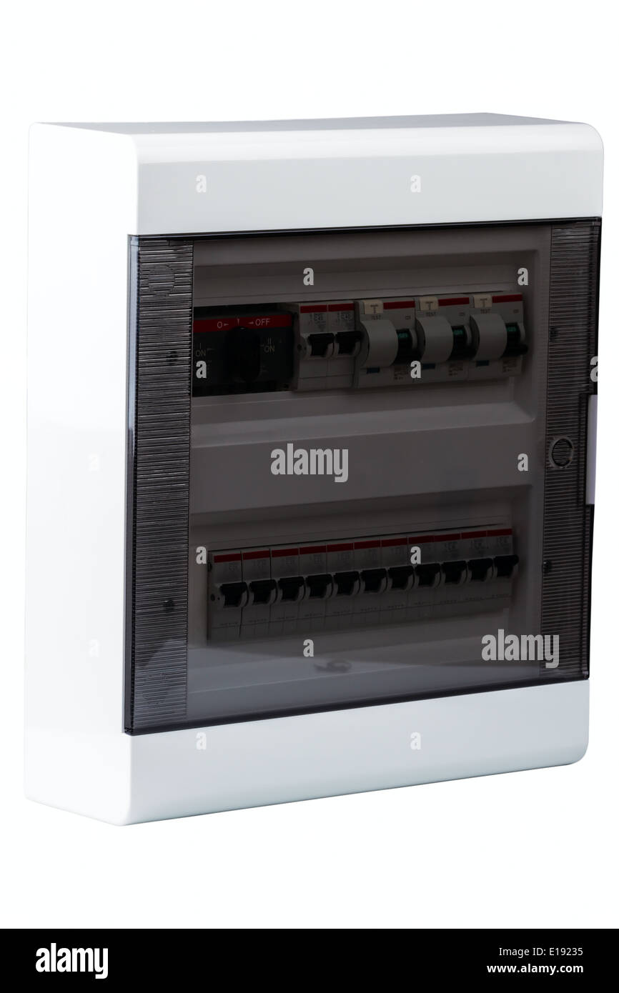 Schutzschalter Kasten isoliert auf weißem Hintergrund Stockfoto