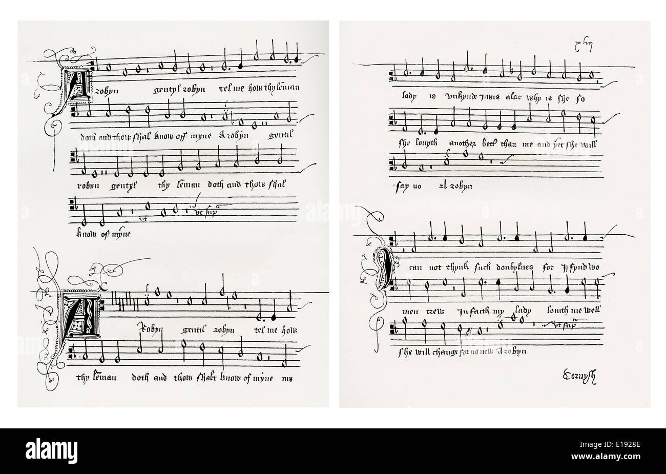 Robyn, Gedicht von Sir Thomas Wyatt, auch buchstabiert Wiat, durch William Cornysh in Musik gesetzt.  Songbooks von Heinrich VIII. Stockfoto