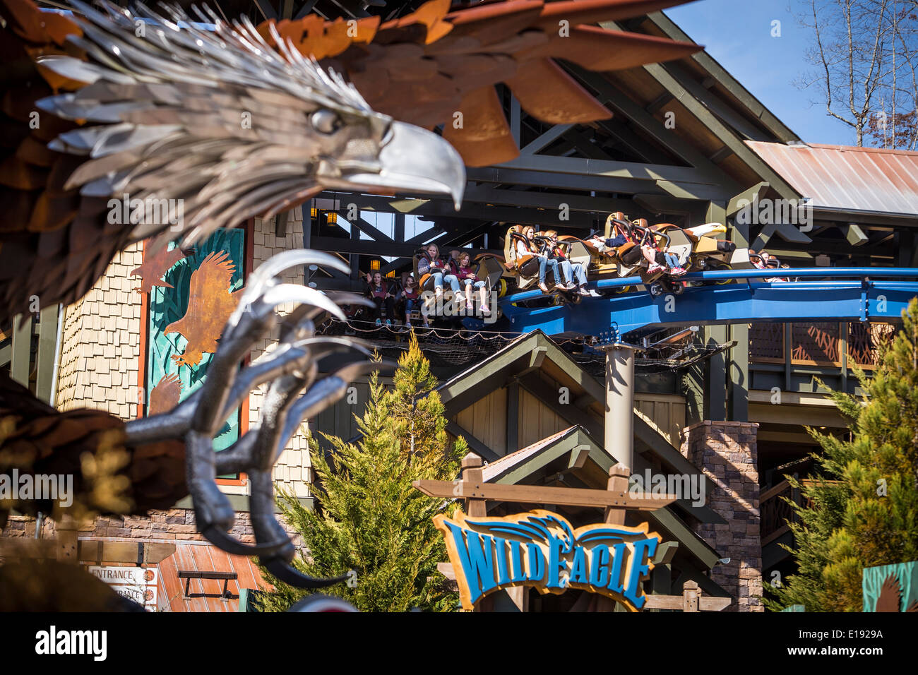 Wild Eagle, Amerikas erste Wing Coaster, ist im Themenpark Dollywood in Pigeon Forge, Tennessee abgebildet. Stockfoto