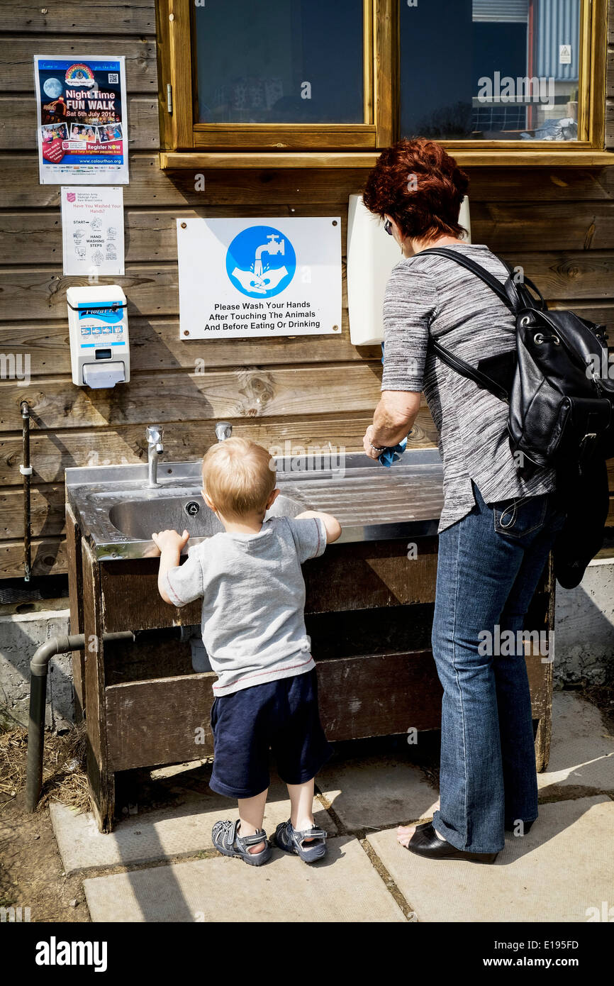Eine Frau und ein Kind waschen ihre Hände in ein Streichelzoo. Stockfoto