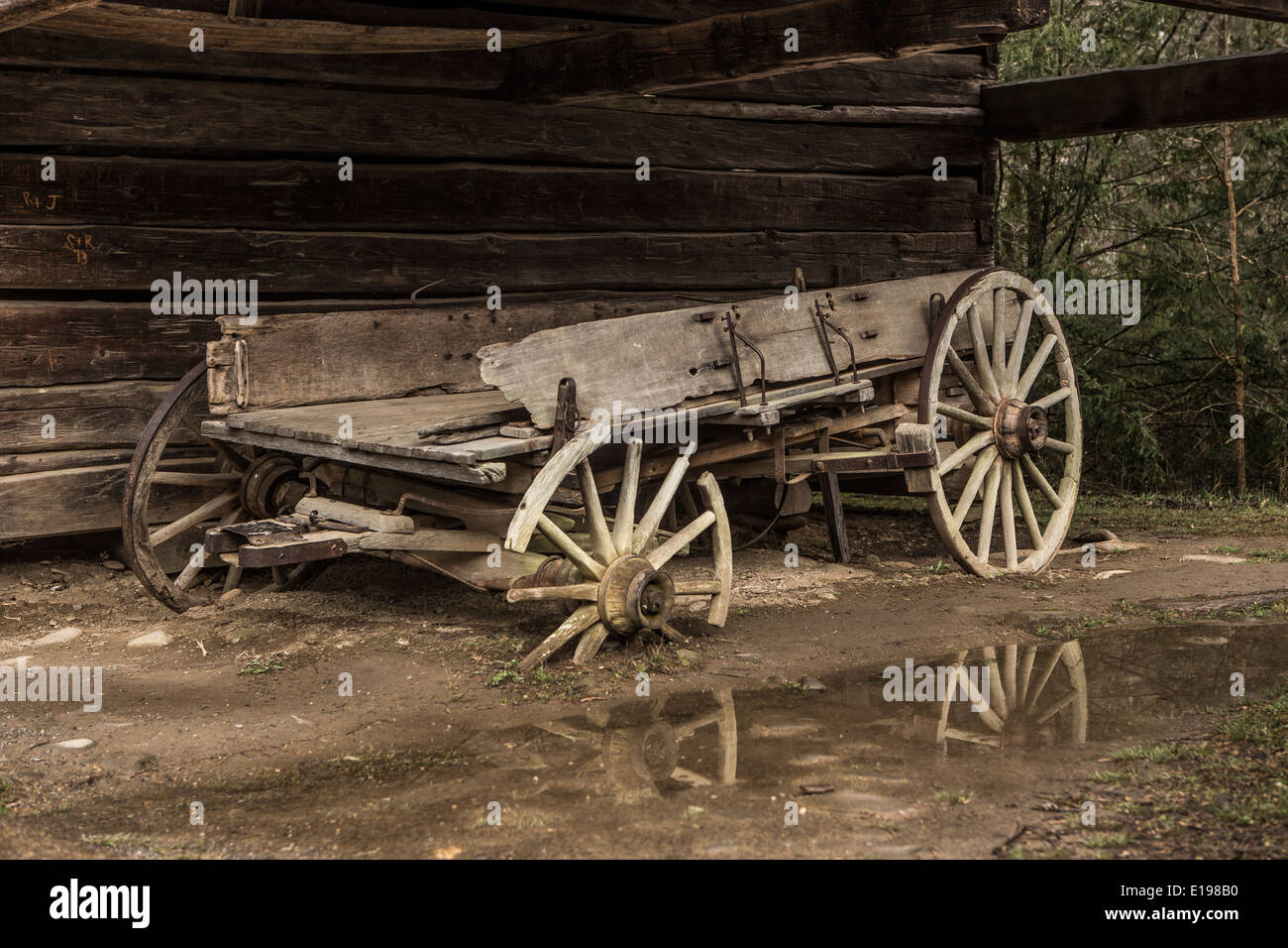 Abgebildet ist ein Pferdewagen in Cades Cove Gebiet des Great Smoky Mountains National Park in Tennessee Stockfoto